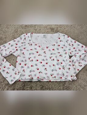 PINK Victoria's Secret White Waffle Knit Top with Pink & Red Floral Accents